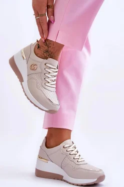 Damskie Skórzane Buty Sportowe Na Koturnie Beżowe Rebeca