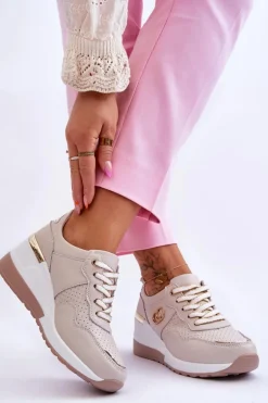 Damskie Skórzane Buty Sportowe Na Koturnie Beżowe Rebeca