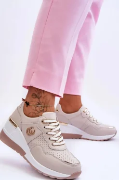 Damskie Skórzane Buty Sportowe Na Koturnie Beżowe Rebeca