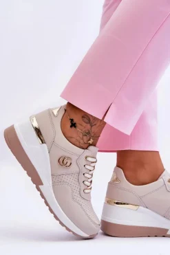 Damskie Skórzane Buty Sportowe Na Koturnie Beżowe Rebeca