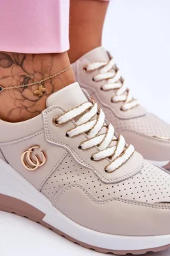 Damskie Skórzane Buty Sportowe Na Koturnie Beżowe Rebeca