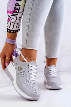 Damskie Skórzane Buty Sportowe Sneakersy Szare Loissa