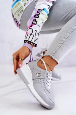 Damskie Skórzane Buty Sportowe Sneakersy Szare Loissa