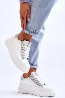 Damskie Skórzane Buty Sportowe Na Platformie Białe Alison