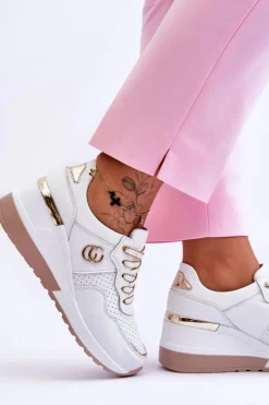 Damskie Skórzane Buty Sportowe Na Koturnie Biało-Złote Rebeca