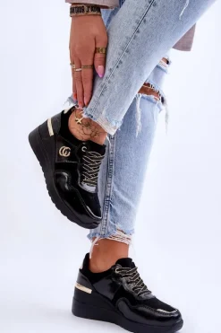 Damskie Skórzane Buty Sportowe Na Koturnie Czarne Rebeca