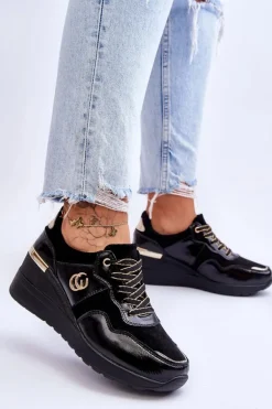 Damskie Skórzane Buty Sportowe Na Koturnie Czarne Rebeca