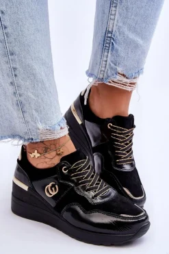 Damskie Skórzane Buty Sportowe Na Koturnie Czarne Rebeca