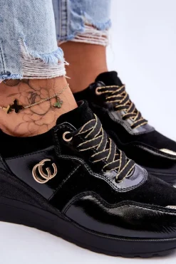 Damskie Skórzane Buty Sportowe Na Koturnie Czarne Rebeca