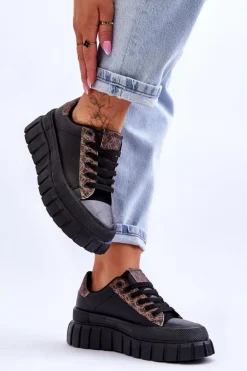 Damskie Skórzane Buty Sportowe Na Platformie Czarne Alison