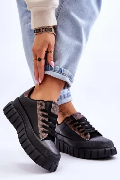 Damskie Skórzane Buty Sportowe Na Platformie Czarne Alison