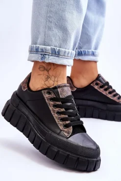 Damskie Skórzane Buty Sportowe Na Platformie Czarne Alison