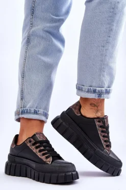 Damskie Skórzane Buty Sportowe Na Platformie Czarne Alison