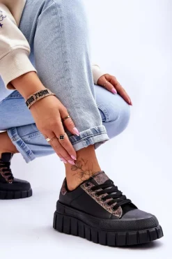 Damskie Skórzane Buty Sportowe Na Platformie Czarne Alison