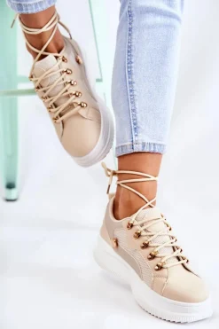 Damskie Skórzane Buty Sportowe Beżowe Salmira