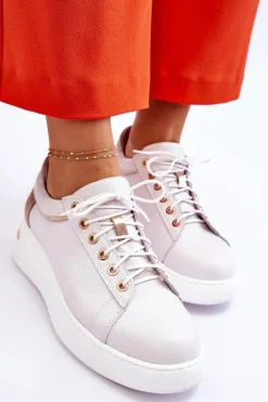 Damskie Skórzane Buty Sportowe Na Platformie Białe Caressa