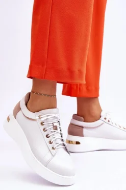 Damskie Skórzane Buty Sportowe Na Platformie Białe Caressa