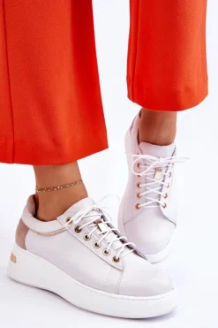 Damskie Skórzane Buty Sportowe Na Platformie Białe Caressa