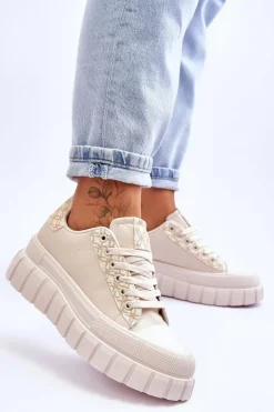 Damskie Skórzane Buty Sportowe Na Platformie Beżowe Alison