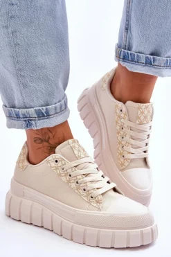 Damskie Skórzane Buty Sportowe Na Platformie Beżowe Alison