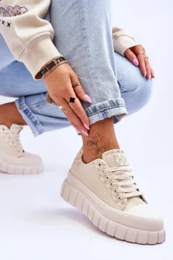 Damskie Skórzane Buty Sportowe Na Platformie Beżowe Alison