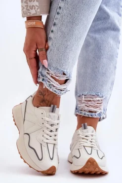 Damskie Skórzane Buty Sportowe Beżowe Faro