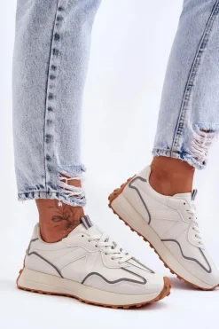 Damskie Skórzane Buty Sportowe Beżowe Faro