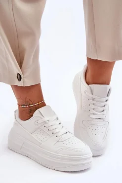 Damskie Skórzane Buty Sportowe Na Masywnej Platformie Białe Belisso