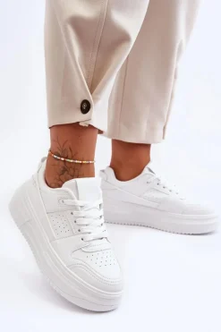 Damskie Skórzane Buty Sportowe Na Masywnej Platformie Białe Belisso