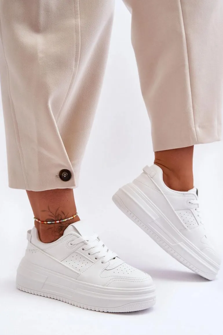 Damskie Skórzane Buty Sportowe Na Masywnej Platformie Białe Belisso