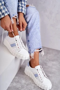 Damskie Skórzane Buty Sportowe Wiązane Biało-Niebieskie Ariva