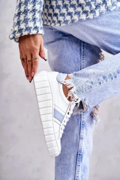 Damskie Skórzane Buty Sportowe Wiązane Biało-Niebieskie Ariva