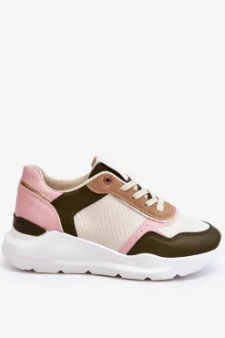 Damskie Skórzane Buty Sportowe Na Platformie Beżowo-Różowe Chaya