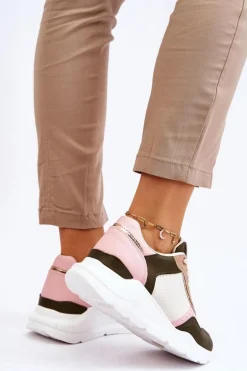 Damskie Skórzane Buty Sportowe Na Platformie Beżowo-Różowe Chaya
