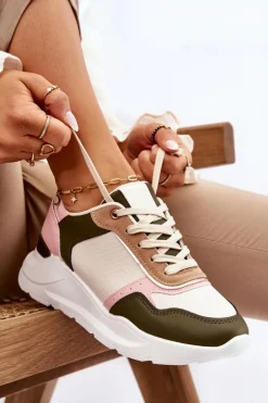 Damskie Skórzane Buty Sportowe Na Platformie Beżowo-Różowe Chaya