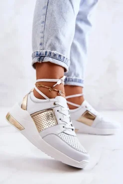 Damskie Skórzane Buty Sportowe Na Koturnie Białe Larson