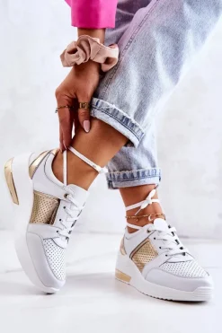 Damskie Skórzane Buty Sportowe Na Koturnie Białe Larson