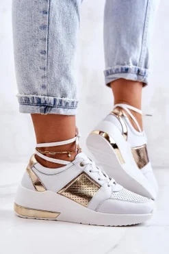 Damskie Skórzane Buty Sportowe Na Koturnie Białe Larson