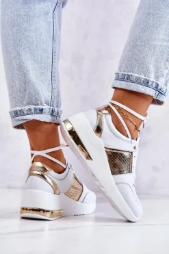 Damskie Skórzane Buty Sportowe Na Koturnie Białe Larson