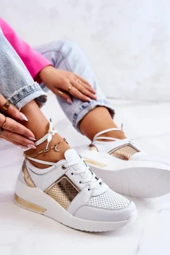 Damskie Skórzane Buty Sportowe Na Koturnie Białe Larson