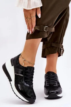 Damskie Skórzane Buty Sportowe Na Koturnie Czarne Crosby