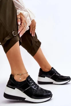 Damskie Skórzane Buty Sportowe Na Koturnie Czarne Crosby