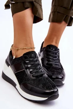 Damskie Skórzane Buty Sportowe Na Koturnie Czarne Crosby