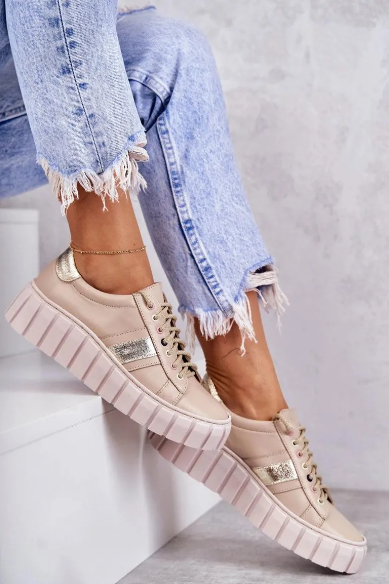 Damskie Skórzane Buty Sportowe Wiązane Beżowo-Złote Ariva