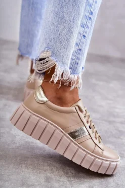 Damskie Skórzane Buty Sportowe Wiązane Beżowo-Złote Ariva