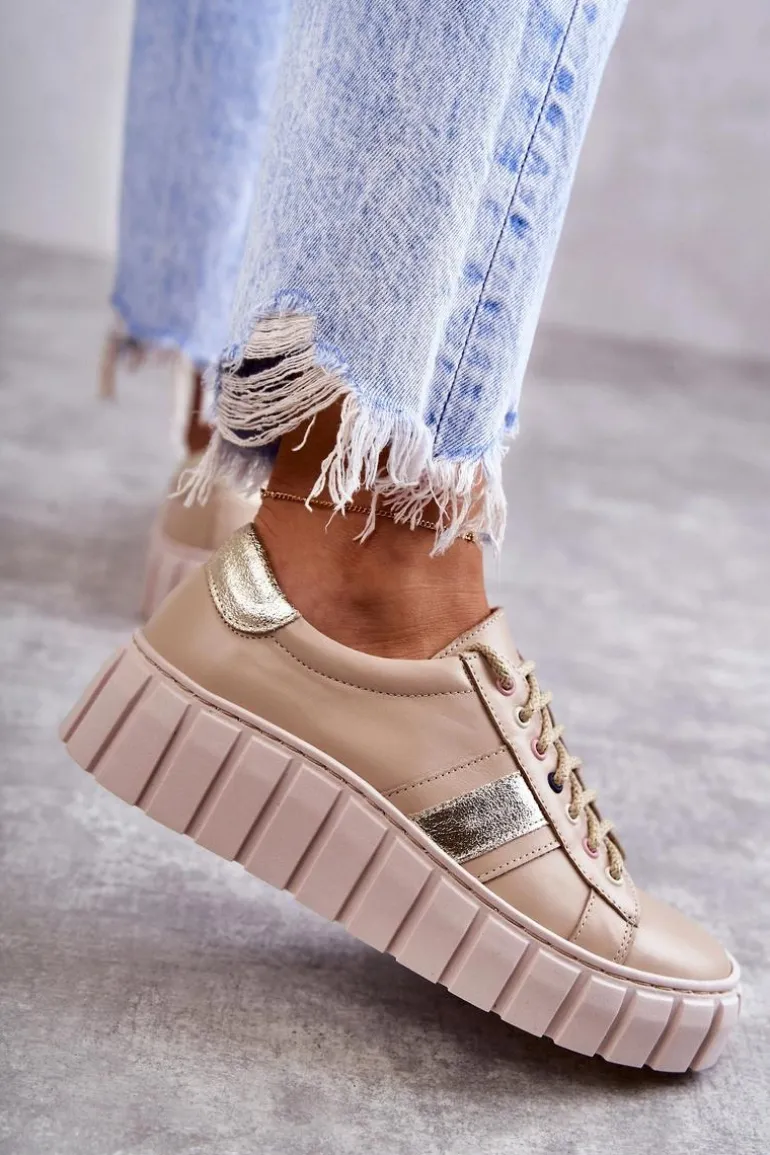 Damskie Skórzane Buty Sportowe Wiązane Beżowo-Złote Ariva