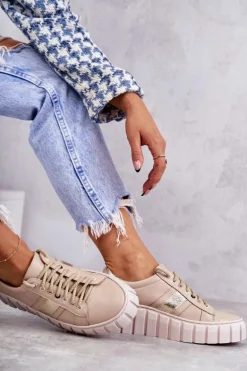 Damskie Skórzane Buty Sportowe Wiązane Beżowo-Złote Ariva