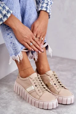 Damskie Skórzane Buty Sportowe Wiązane Beżowo-Złote Ariva