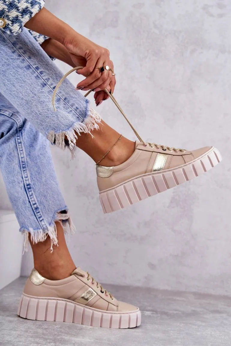 Damskie Skórzane Buty Sportowe Wiązane Beżowo-Złote Ariva