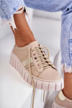 Damskie Skórzane Buty Sportowe Wiązane Beżowo-Złote Ariva